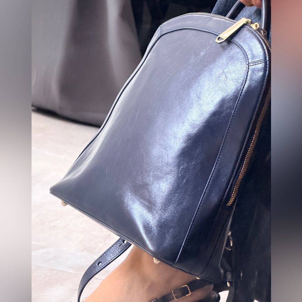 Brahmin Navy Blue Leather Backpack with Gold Hardware - Picture 3 of 16